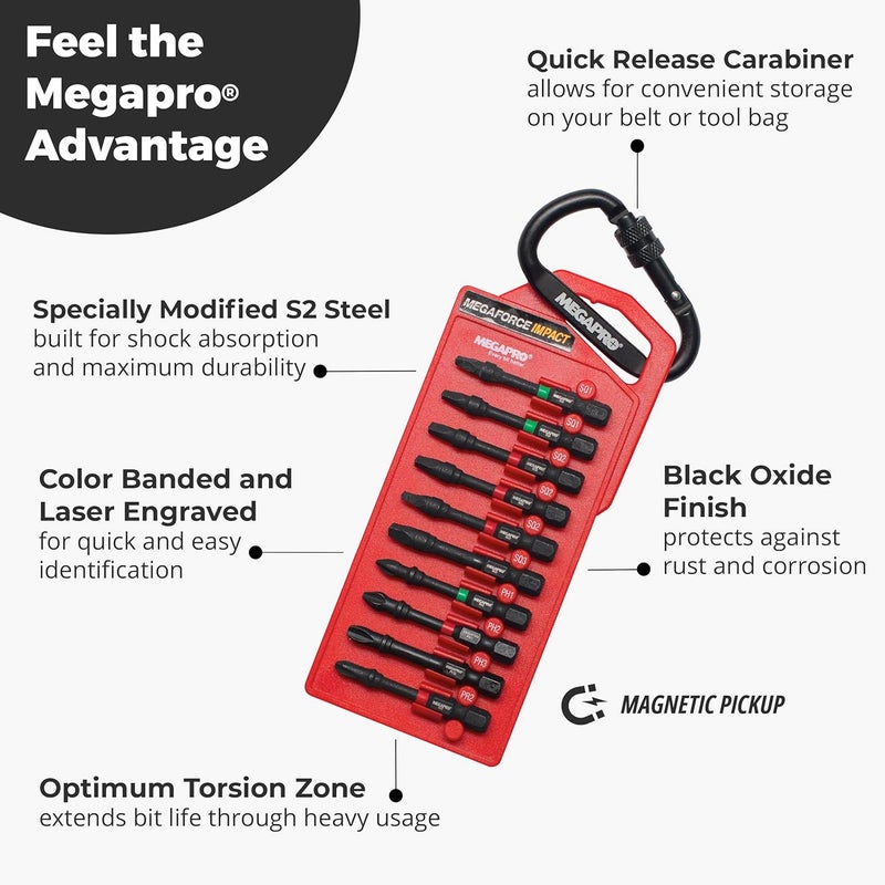 Megapro Megaforce Impact Bits | Specially Modified S2 Steel | Magnetic Pickup | Black Oxide Finish ((Assorted Phillips/Square)) - Image 2